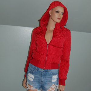 Bright Red Quilted Outerwear Puffer Hooded Jacket